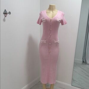 Pink Ribbed Knit Midi Dress with Button Details